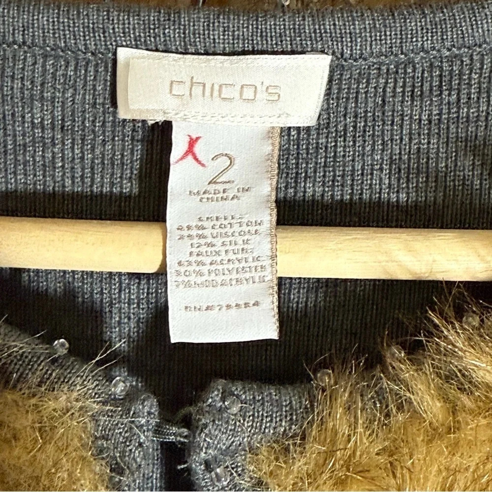 Chico’s Faux Fur Trim Gray Cardigan‎ Sweater Jacket Open Front Size 2 (L/XL)